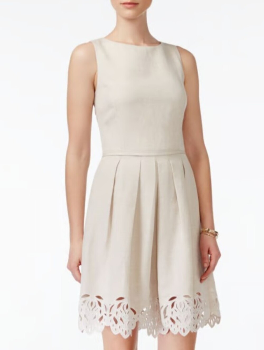 Tahari sz 16 Sleeveless Cream Fit-and-Flare Dress with Laser-Cut Hem